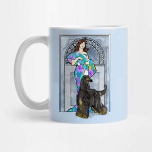 Mucha/Watson. Black & Tan Afghan Hound.Elegant brunette female. Mug